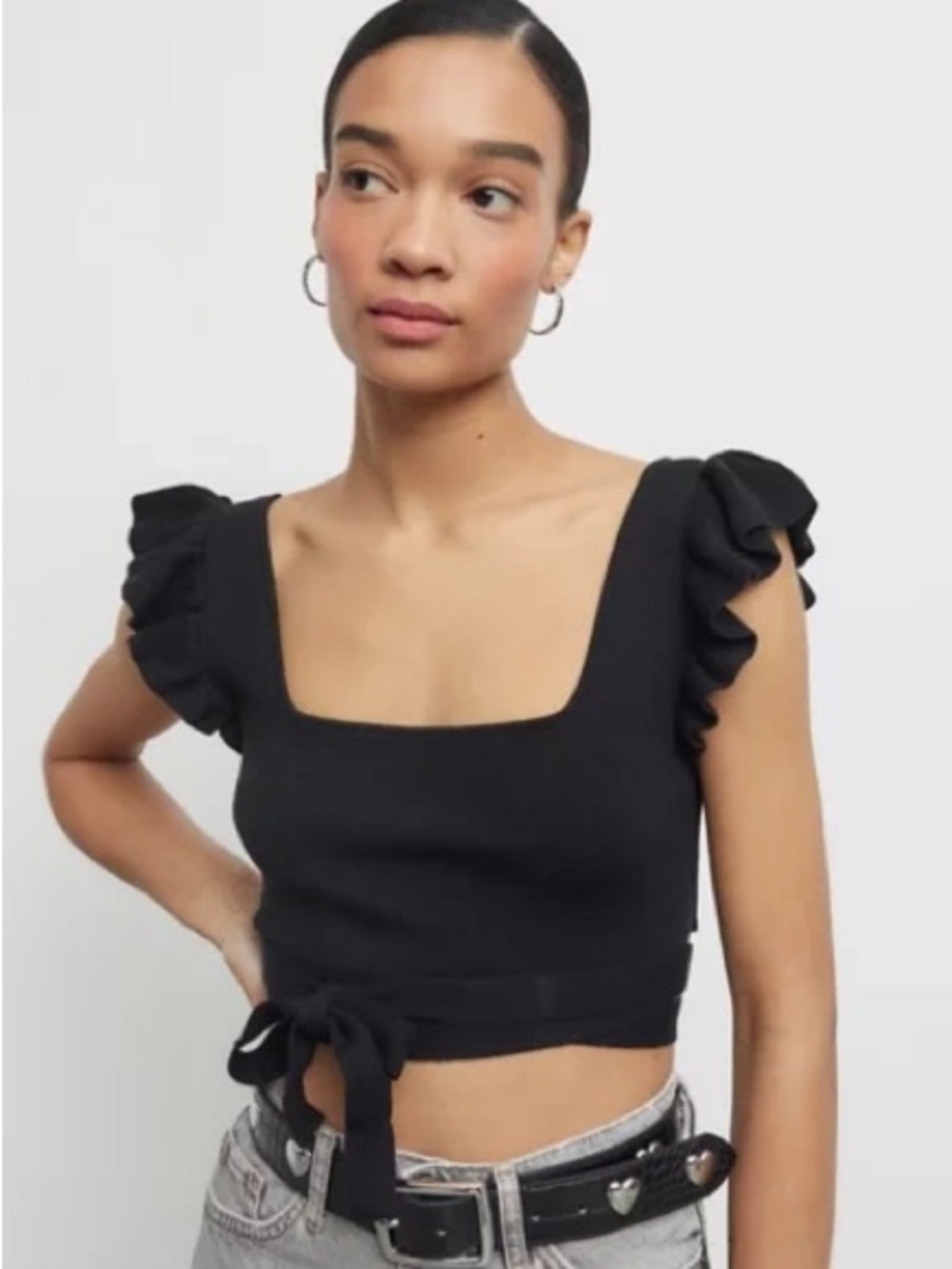 Urban Outfitters Black Ruffled Carly Knit Wrap Crop Top